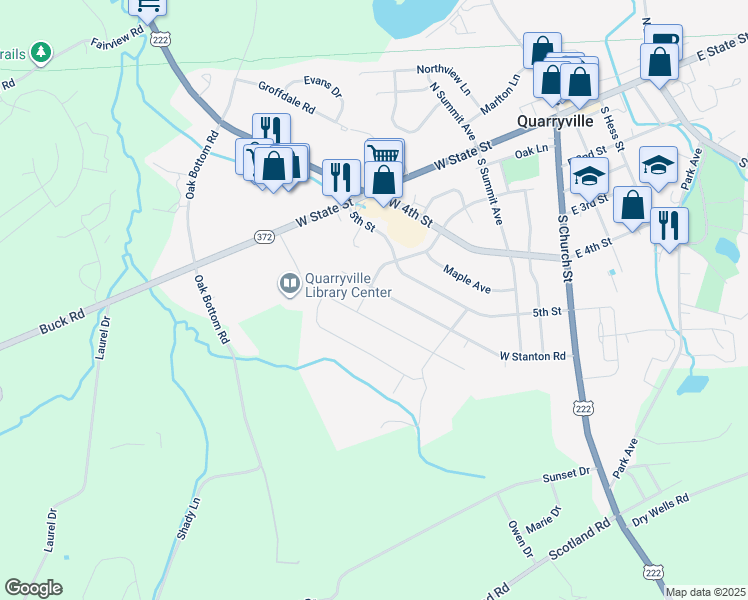 map of restaurants, bars, coffee shops, grocery stores, and more near 341 West Stanton Road in Quarryville