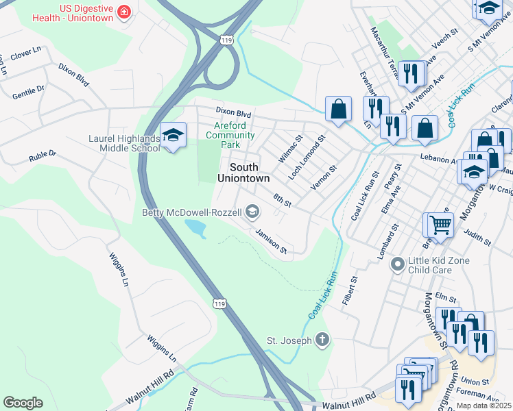 map of restaurants, bars, coffee shops, grocery stores, and more near 83 Camelian Street in Uniontown