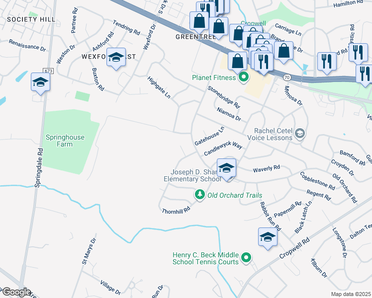map of restaurants, bars, coffee shops, grocery stores, and more near 4 Anvil Court in Cherry Hill