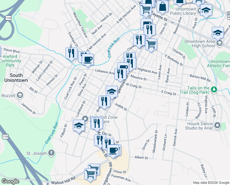 map of restaurants, bars, coffee shops, grocery stores, and more near 360 Morgantown Street in Uniontown
