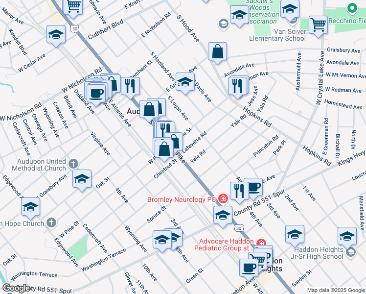 map of restaurants, bars, coffee shops, grocery stores, and more near 15 Lafayette Road in Audubon