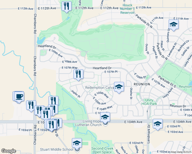 map of restaurants, bars, coffee shops, grocery stores, and more near 10712 Laredo Way in Commerce City