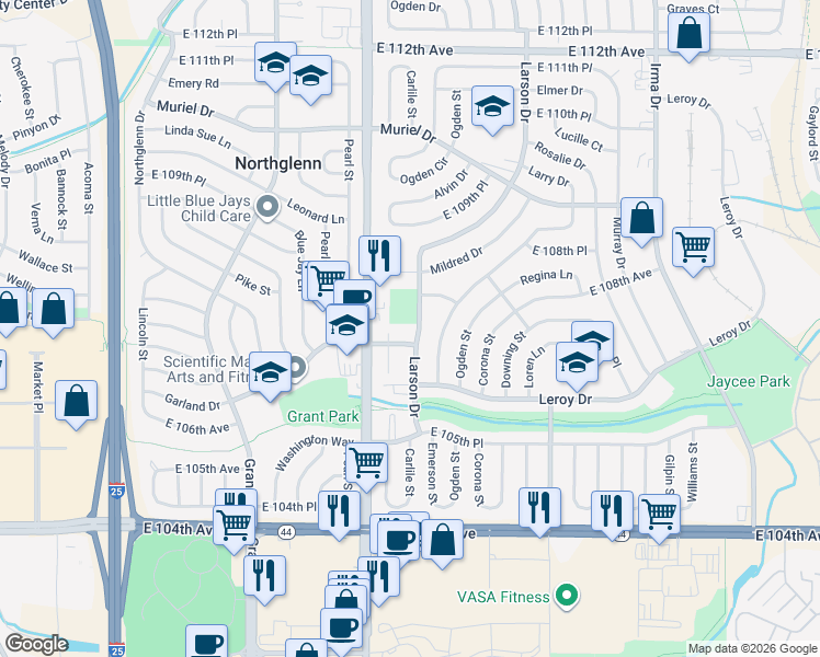 map of restaurants, bars, coffee shops, grocery stores, and more near 10713 Larson Drive in Northglenn