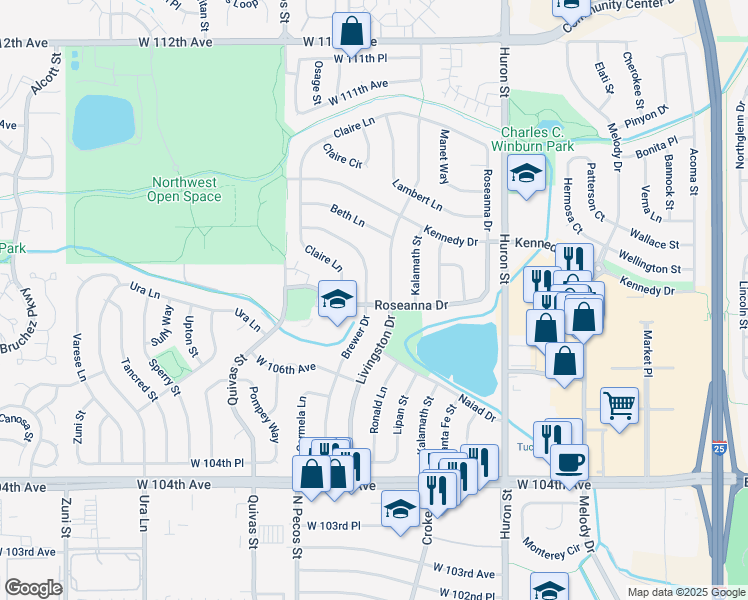 map of restaurants, bars, coffee shops, grocery stores, and more near 10683 Brewer Drive in Northglenn