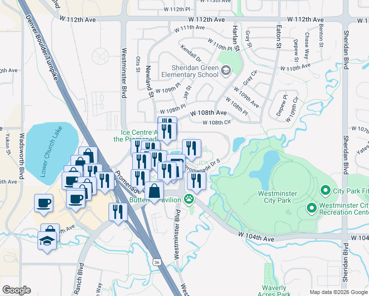 map of restaurants, bars, coffee shops, grocery stores, and more near 10700 Westminster Boulevard in Westminster