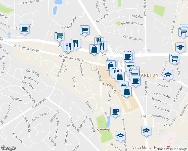 map of restaurants, bars, coffee shops, grocery stores, and more near 198 Hunter Court in Evesham