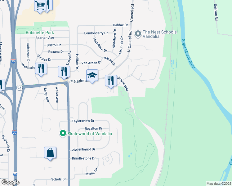 map of restaurants, bars, coffee shops, grocery stores, and more near 121 Village Trail Drive in Vandalia