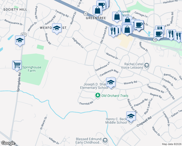 map of restaurants, bars, coffee shops, grocery stores, and more near 2 Thornhill Road in Cherry Hill