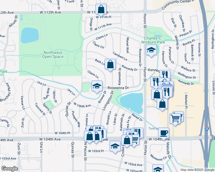 map of restaurants, bars, coffee shops, grocery stores, and more near 10683 Brewer Drive in Northglenn