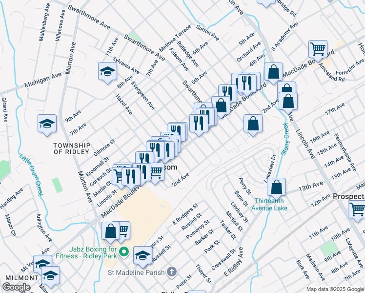 map of restaurants, bars, coffee shops, grocery stores, and more near 720 MacDade Boulevard in Folsom
