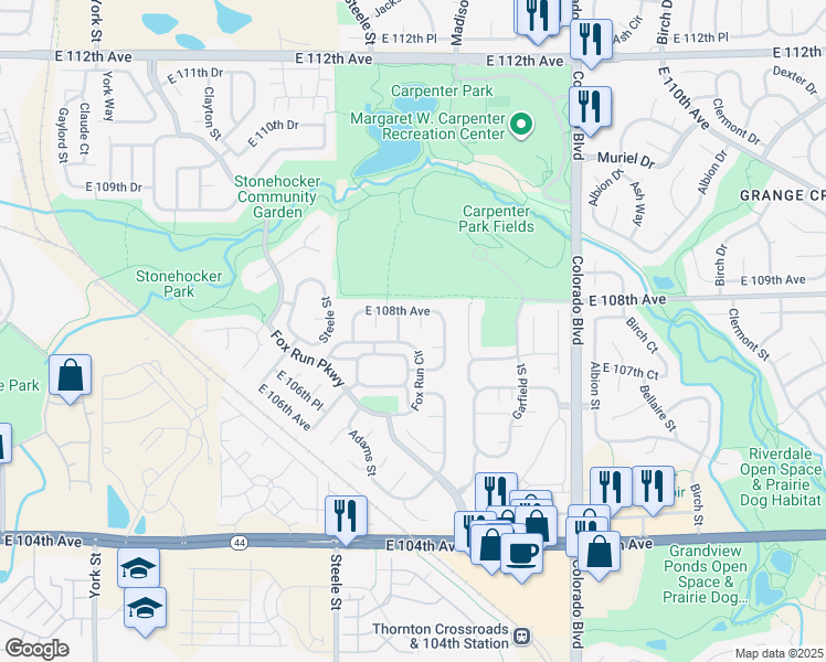 map of restaurants, bars, coffee shops, grocery stores, and more near 3427 East 107th Court in Northglenn