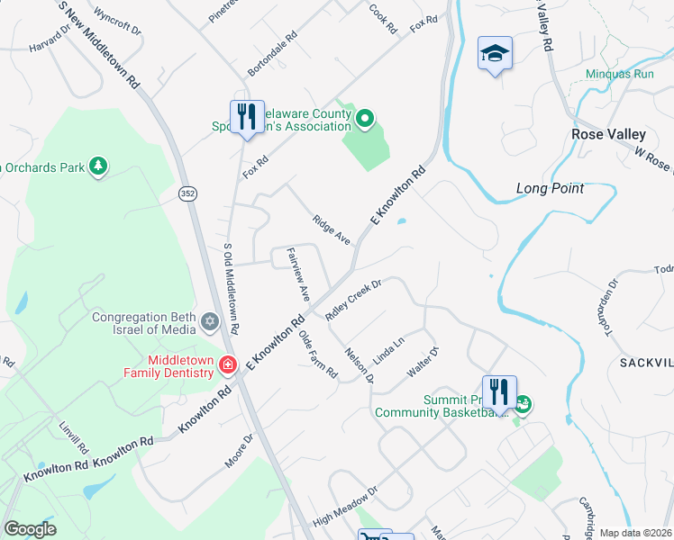 map of restaurants, bars, coffee shops, grocery stores, and more near 123 East Knowlton Road in Media