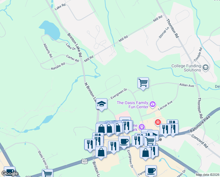 map of restaurants, bars, coffee shops, grocery stores, and more near 297 Brinton Lake Road in Thornton