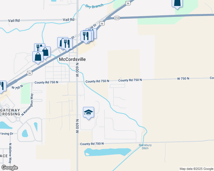 map of restaurants, bars, coffee shops, grocery stores, and more near 5813 West 750 North in McCordsville