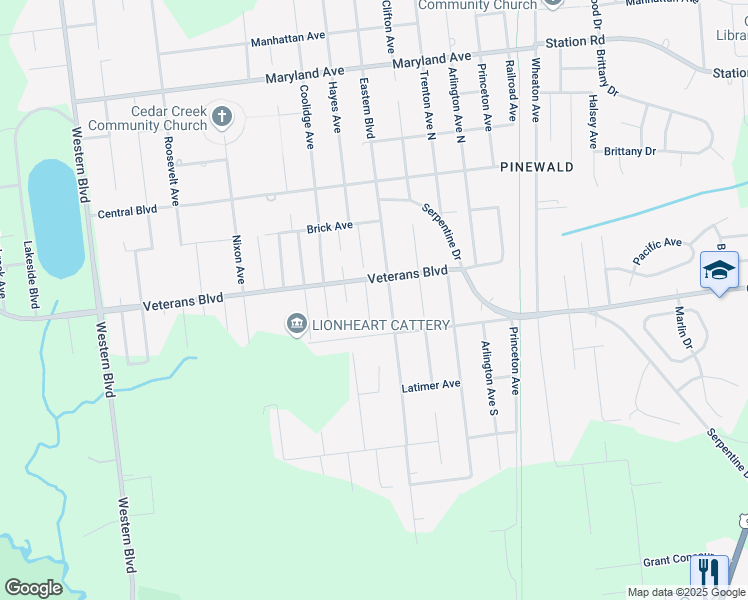 map of restaurants, bars, coffee shops, grocery stores, and more near 458 Eastern Boulevard in Berkeley Township