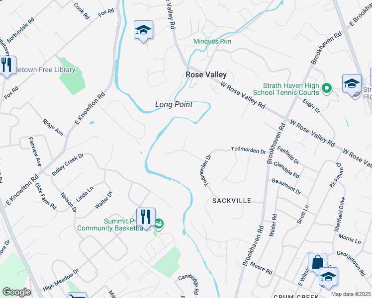 map of restaurants, bars, coffee shops, grocery stores, and more near 10 Tanglewood Drive in Rose Valley