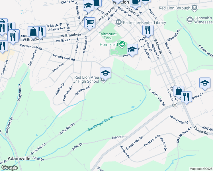 map of restaurants, bars, coffee shops, grocery stores, and more near 200 Country Club Road in Red Lion
