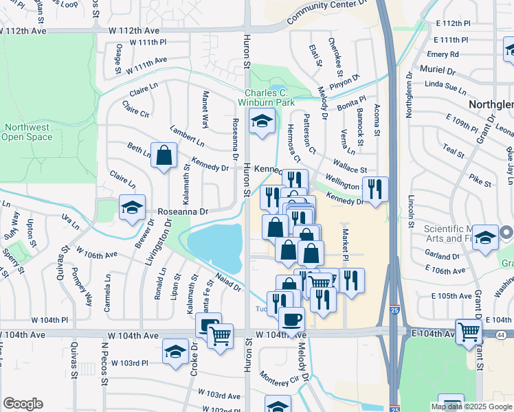 map of restaurants, bars, coffee shops, grocery stores, and more near 10648 Huron Street in Northglenn
