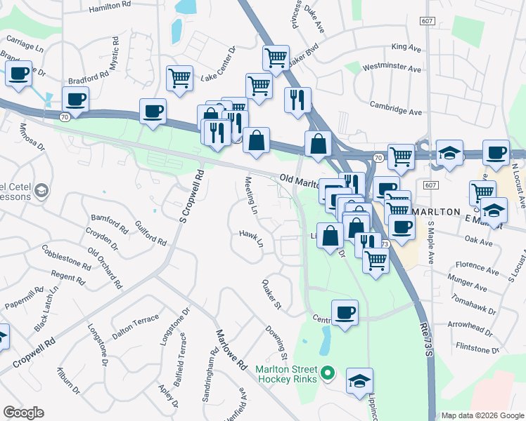map of restaurants, bars, coffee shops, grocery stores, and more near 67 Cyder Court in Evesham