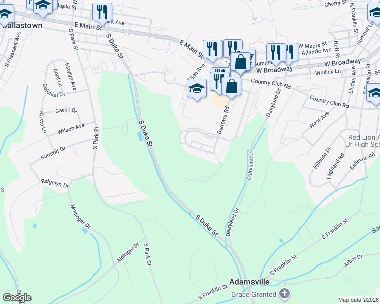 map of restaurants, bars, coffee shops, grocery stores, and more near 326 Country Ridge Drive in Red Lion