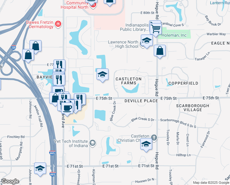 map of restaurants, bars, coffee shops, grocery stores, and more near 7511 Castleton Farms West Drive in Indianapolis