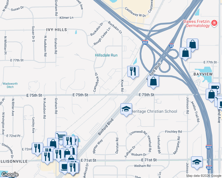 map of restaurants, bars, coffee shops, grocery stores, and more near 7503 Ivywood Circle in Indianapolis
