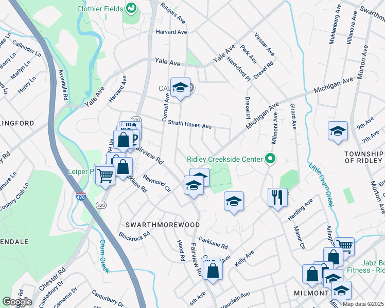 map of restaurants, bars, coffee shops, grocery stores, and more near 544 Westminster Avenue in Swarthmore