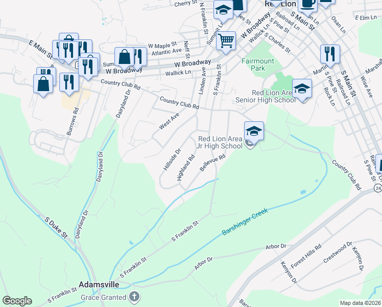 map of restaurants, bars, coffee shops, grocery stores, and more near 466 Highland Road in Red Lion
