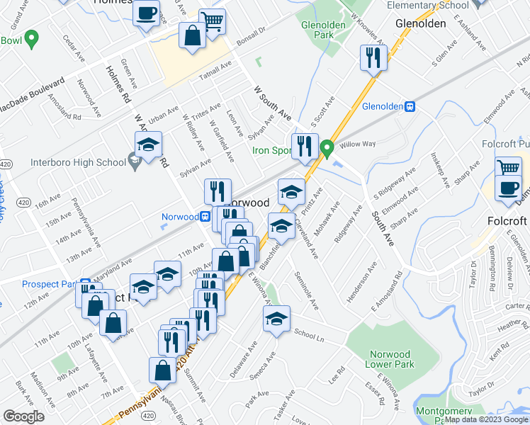 map of restaurants, bars, coffee shops, grocery stores, and more near 23 Garfield Avenue in Norwood