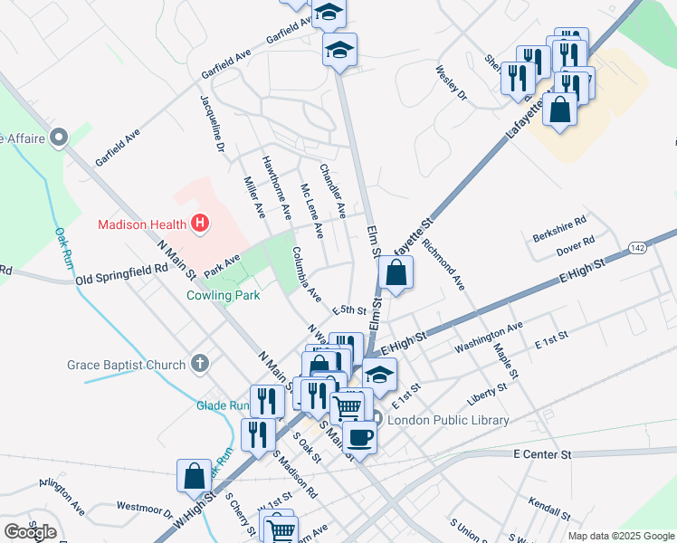 map of restaurants, bars, coffee shops, grocery stores, and more near 66 Chandler Avenue in London