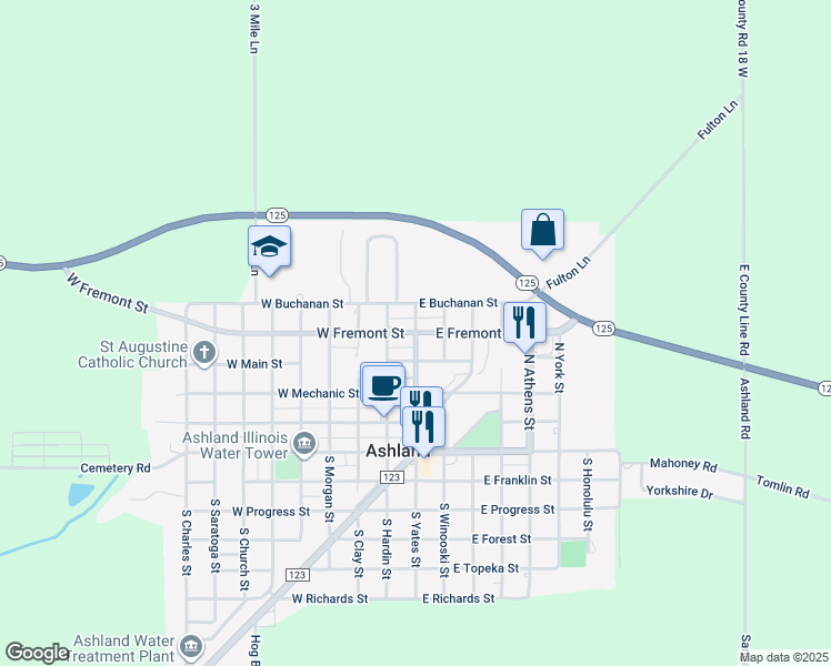 map of restaurants, bars, coffee shops, grocery stores, and more near 398 N Yates St in Ashland