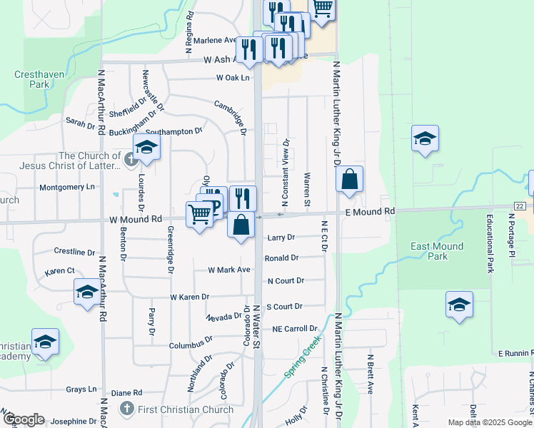 map of restaurants, bars, coffee shops, grocery stores, and more near 201 East Mound Road in Decatur