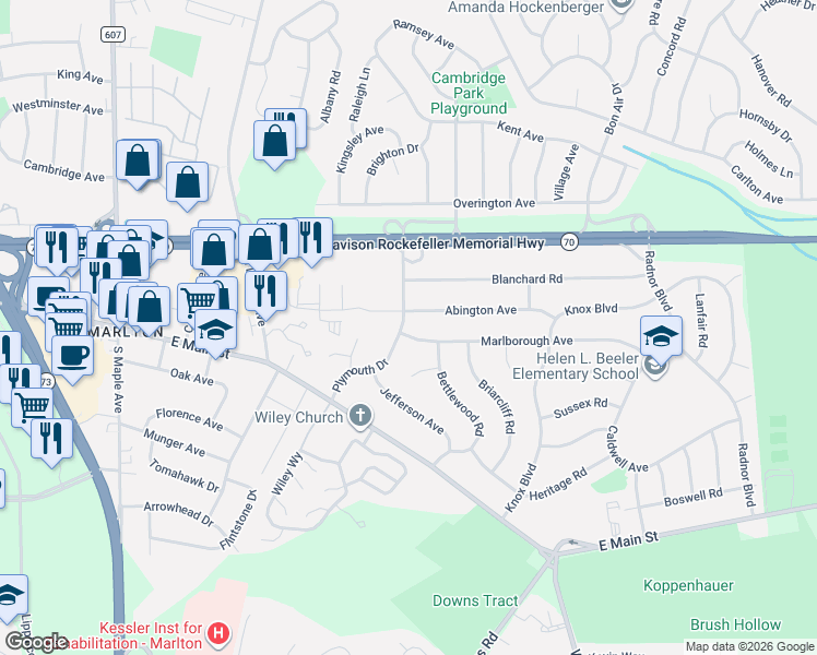 map of restaurants, bars, coffee shops, grocery stores, and more near 11 Marlborough Avenue in Evesham