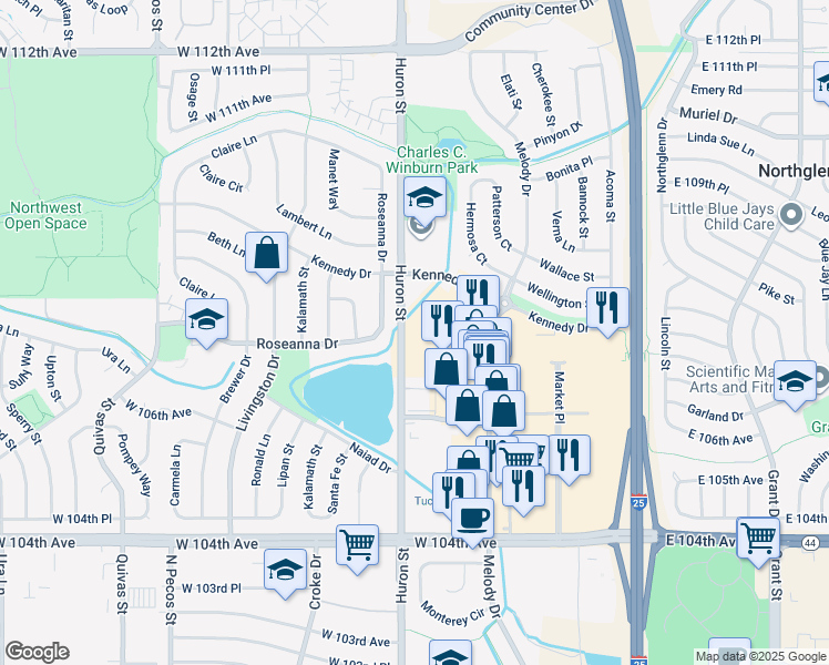 map of restaurants, bars, coffee shops, grocery stores, and more near 10738 Huron Street in Northglenn