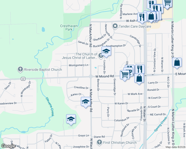 map of restaurants, bars, coffee shops, grocery stores, and more near 501-599 West Mound Road in Decatur