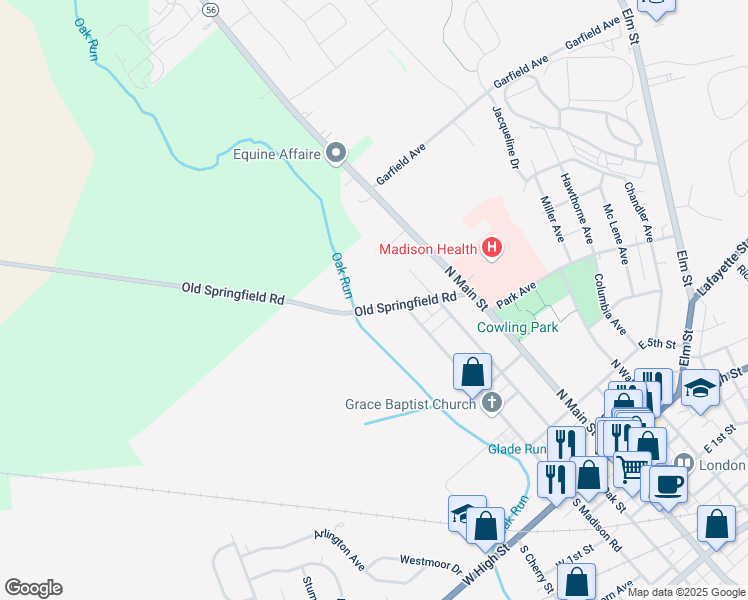 map of restaurants, bars, coffee shops, grocery stores, and more near 75 Old Springfield Road in London