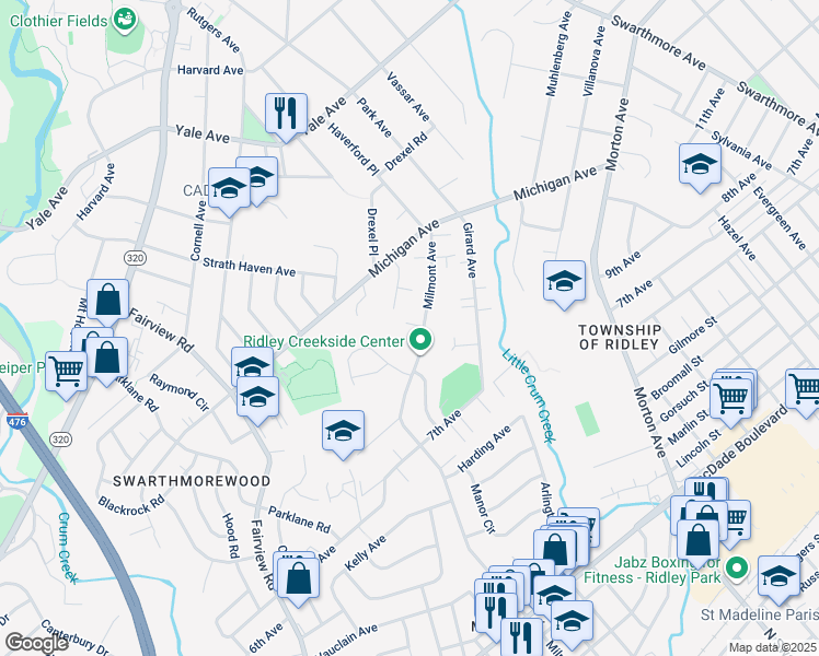 map of restaurants, bars, coffee shops, grocery stores, and more near 1007 Milmont Avenue in Swarthmore