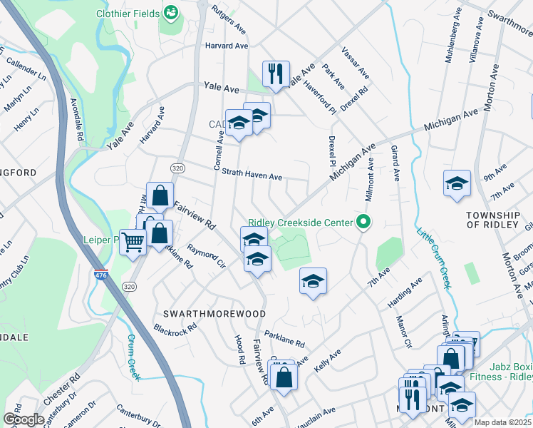 map of restaurants, bars, coffee shops, grocery stores, and more near 551 Westminster Avenue in Swarthmore