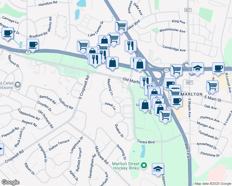 map of restaurants, bars, coffee shops, grocery stores, and more near 63 Banner Court in Evesham Township