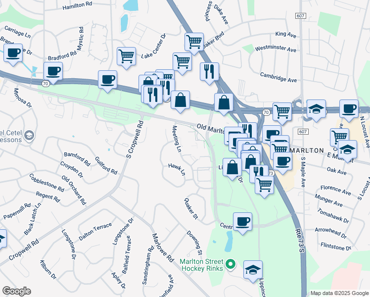 map of restaurants, bars, coffee shops, grocery stores, and more near 63 Banner Court in Evesham Township
