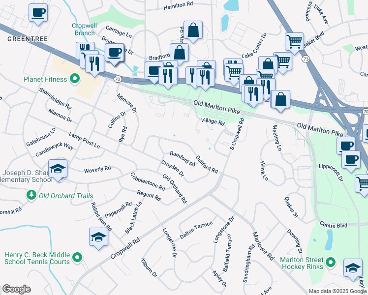 map of restaurants, bars, coffee shops, grocery stores, and more near 627 Bamford Road in Cherry Hill