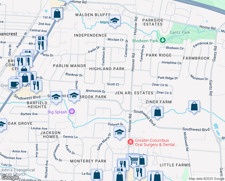 map of restaurants, bars, coffee shops, grocery stores, and more near 2603 Brunswick Drive in Grove City