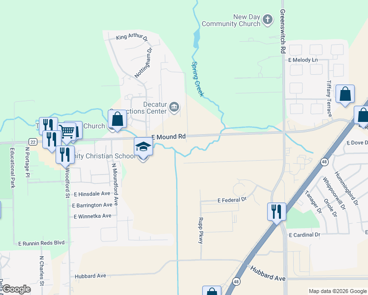 map of restaurants, bars, coffee shops, grocery stores, and more near Finch Street in Decatur