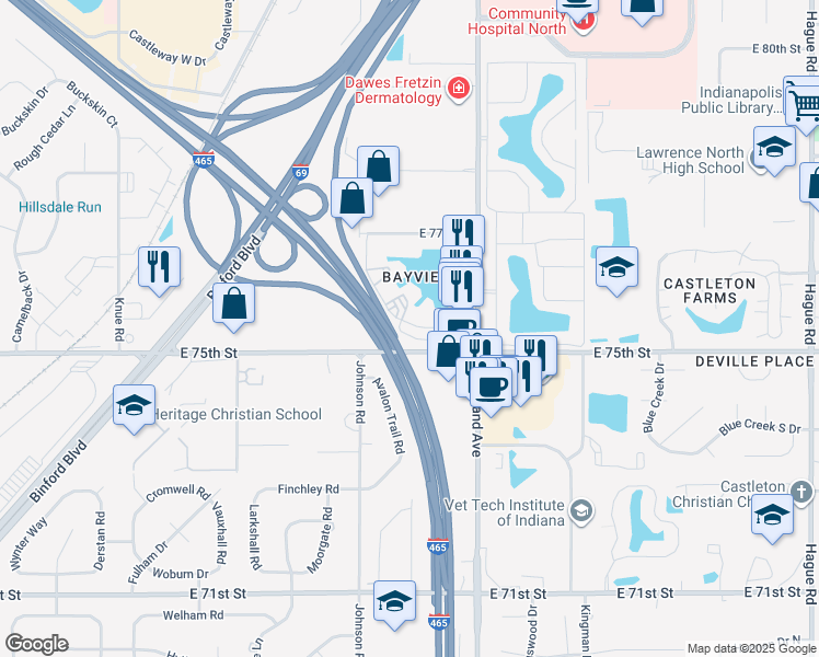 map of restaurants, bars, coffee shops, grocery stores, and more near 7550 Bayview Club Drive in Indianapolis