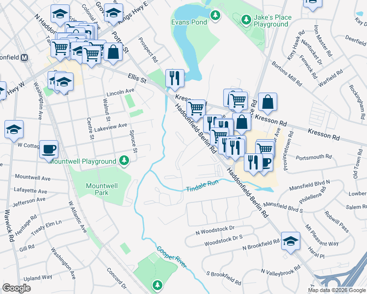 map of restaurants, bars, coffee shops, grocery stores, and more near 17 McPhelin Avenue in Cherry Hill