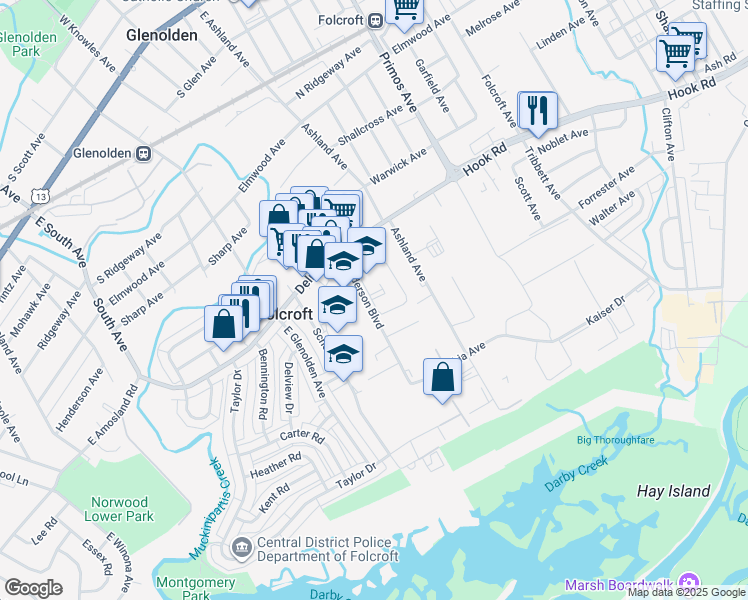 map of restaurants, bars, coffee shops, grocery stores, and more near in Folcroft