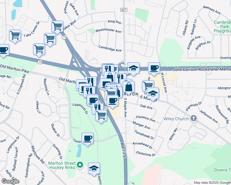 map of restaurants, bars, coffee shops, grocery stores, and more near 15 West Main Street in Evesham