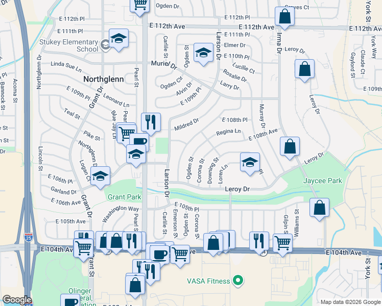 map of restaurants, bars, coffee shops, grocery stores, and more near 10720 Larry Drive in Northglenn