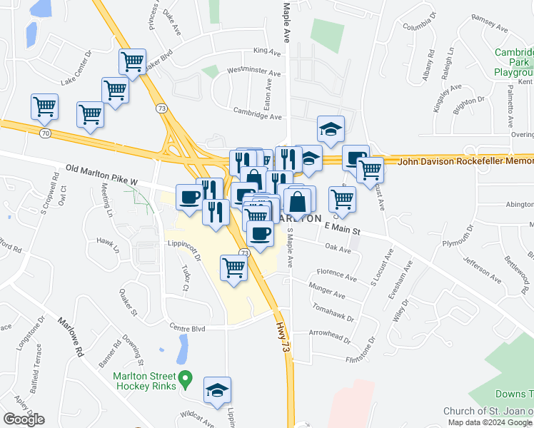 map of restaurants, bars, coffee shops, grocery stores, and more near 15 West Main Street in Evesham