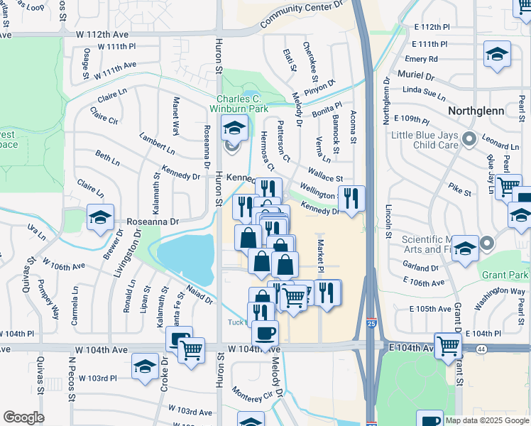 map of restaurants, bars, coffee shops, grocery stores, and more near 10699 Melody Drive in Northglenn